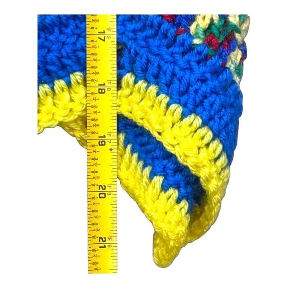 Handmade Crochet Knit Zigzag Poncho Button Closure Blue Yellow & Design Vintage - Picture 4 of 5